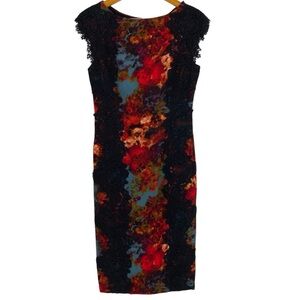 Maggy London Womens Sheath Dress Size 4 Floral Print Black Lace Cap Sleeves